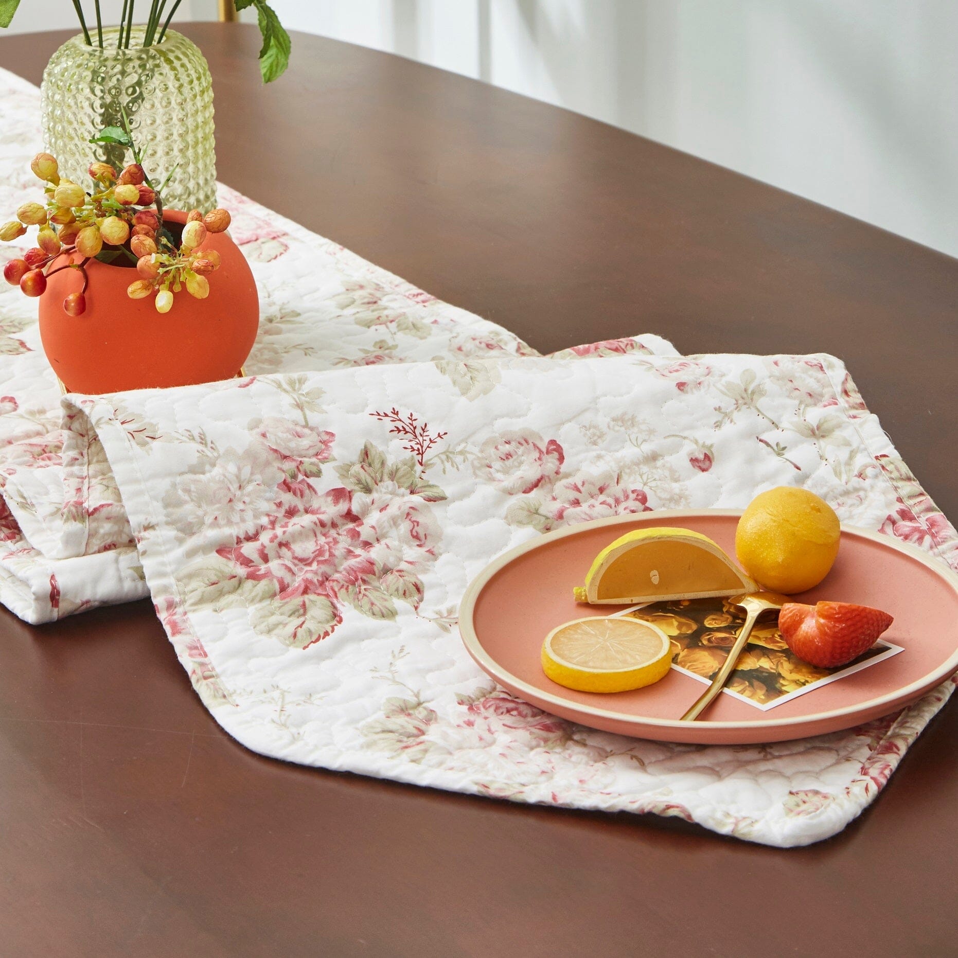 DaDa Bedding Hint of Mint Cottage Floral Roses Quilted Cotton Dining