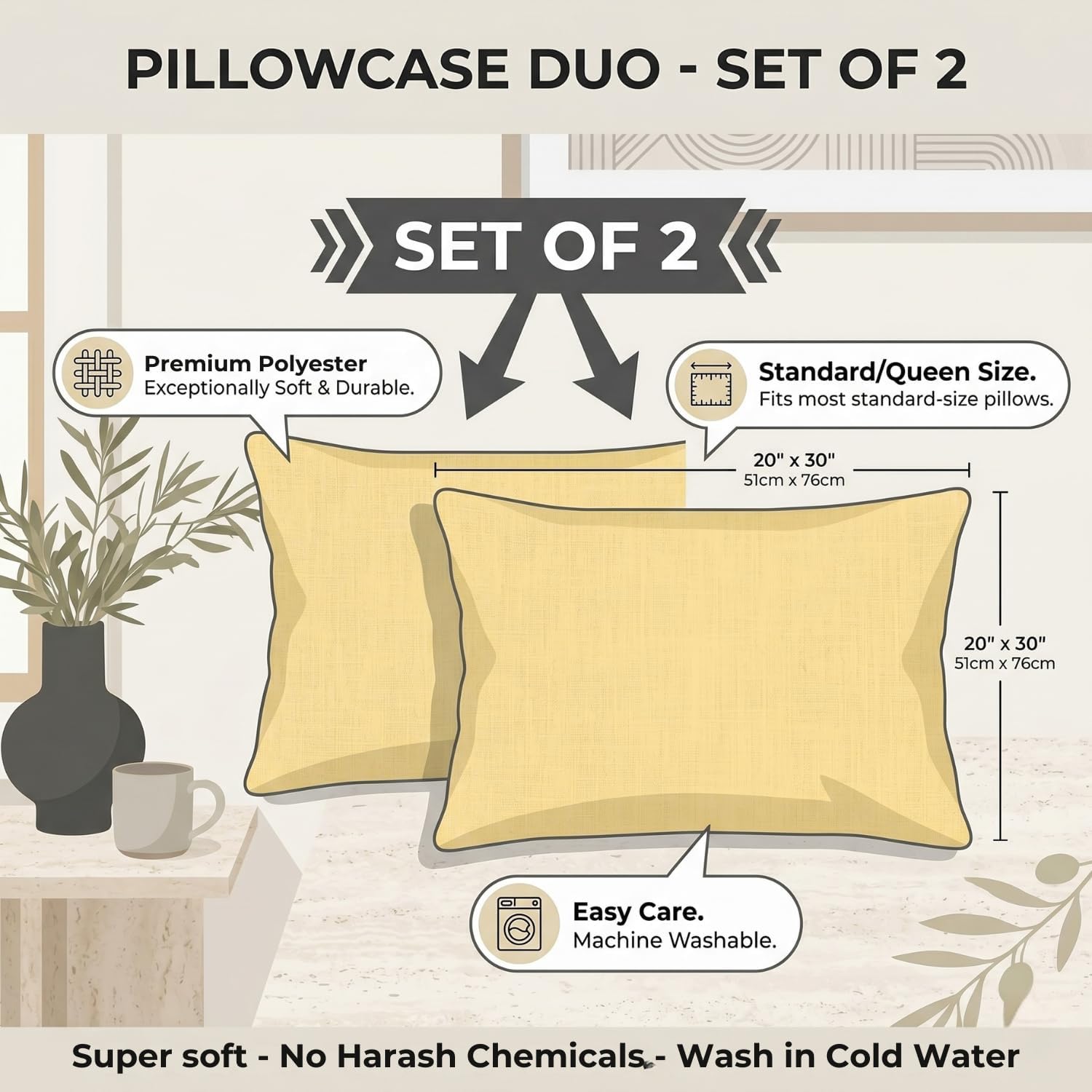 DaDa Bedding Ultra-Soft Microfiber Pillowcases - 2 Pack - Soft,