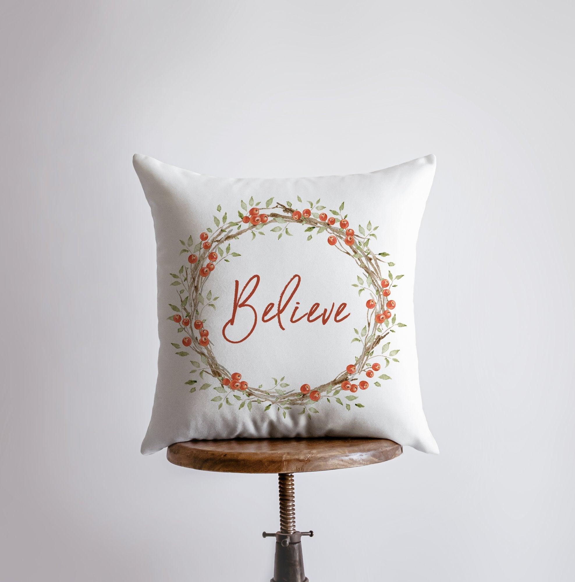 Believe with Berry Wreath Christmas Throw Pillow | Room Decor | Home